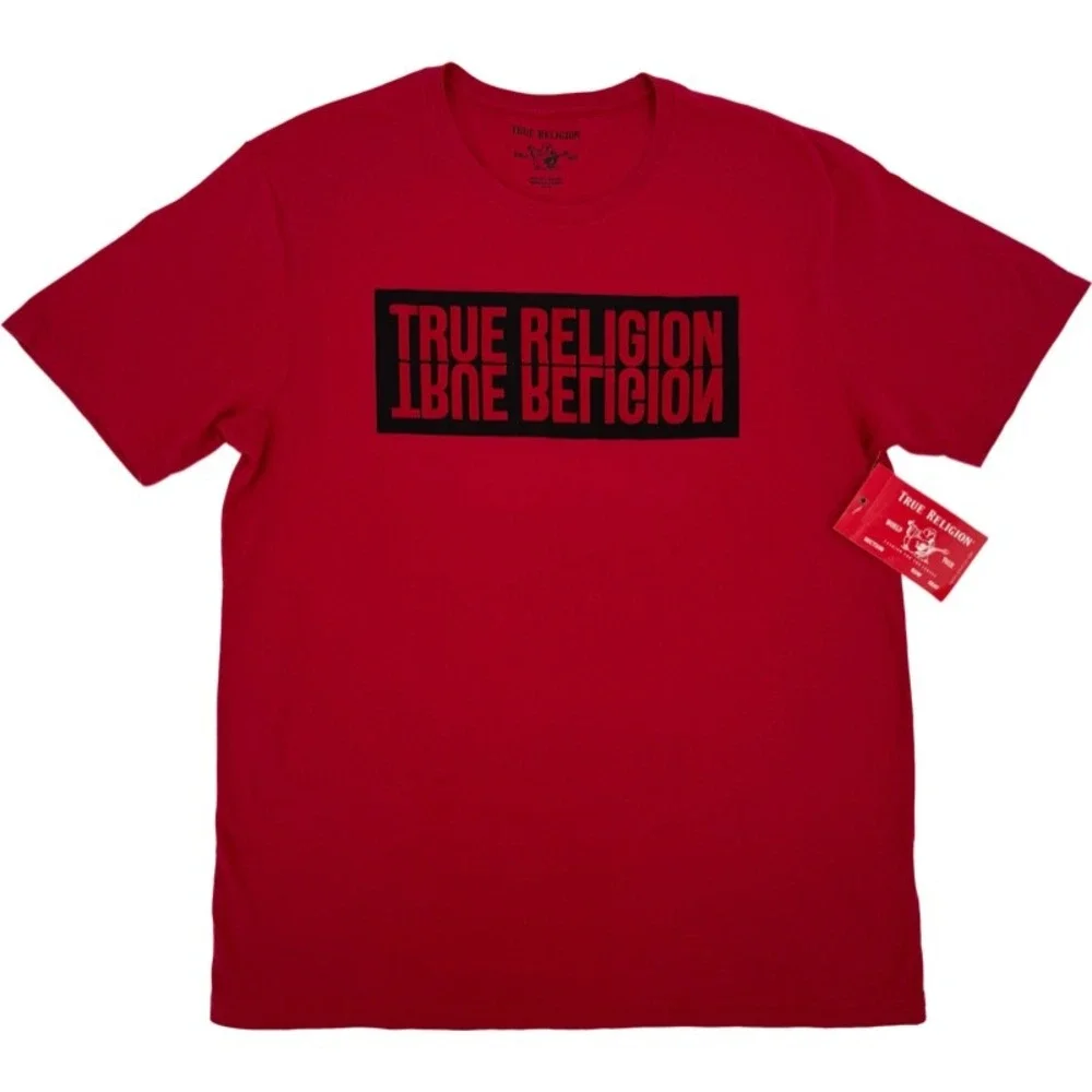 TRUE RELIGION NEW XL T-Shirt Ruby Red SS TR Reflection Tee Flocked Box Felt Logo